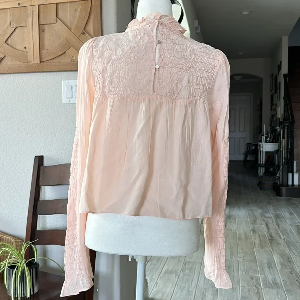 NWOT Free People Smocked In Time Top Ruffled High Neck Long Sleeves XS Feminine